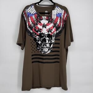XRAY Shirt Mens 2XLT Green Skull Flag Rhinestone Patriotic Graphic Tee USA DXL